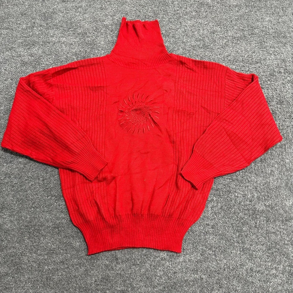 Meister Turtleneck Womens Size M Red Wool Blend Sunburst Ribbed Knit Retro 80s